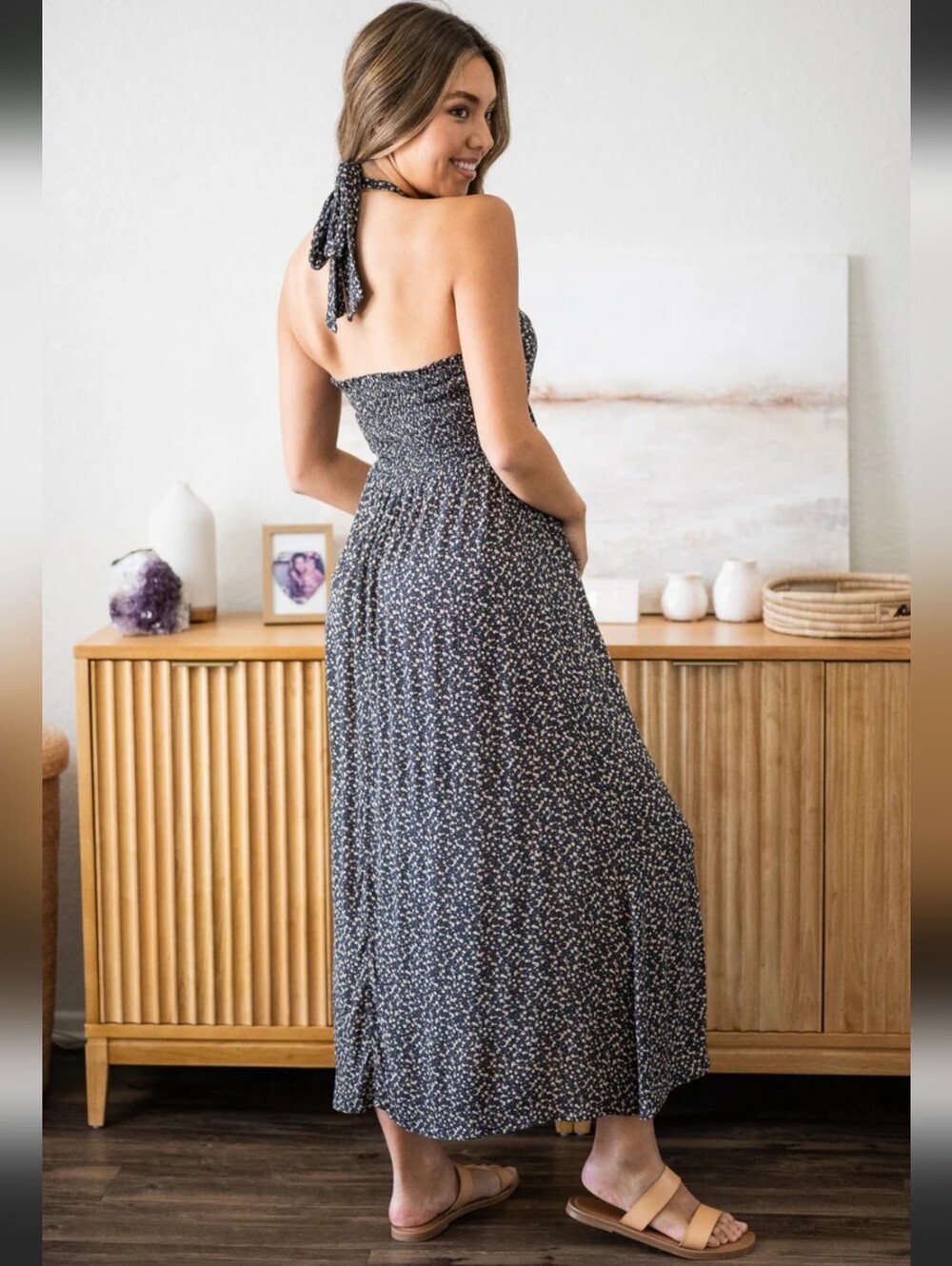Sozy. Aphrodite. Grey Combo. Women’s Floral Halter Maxi Dress - Picture 4 of 7